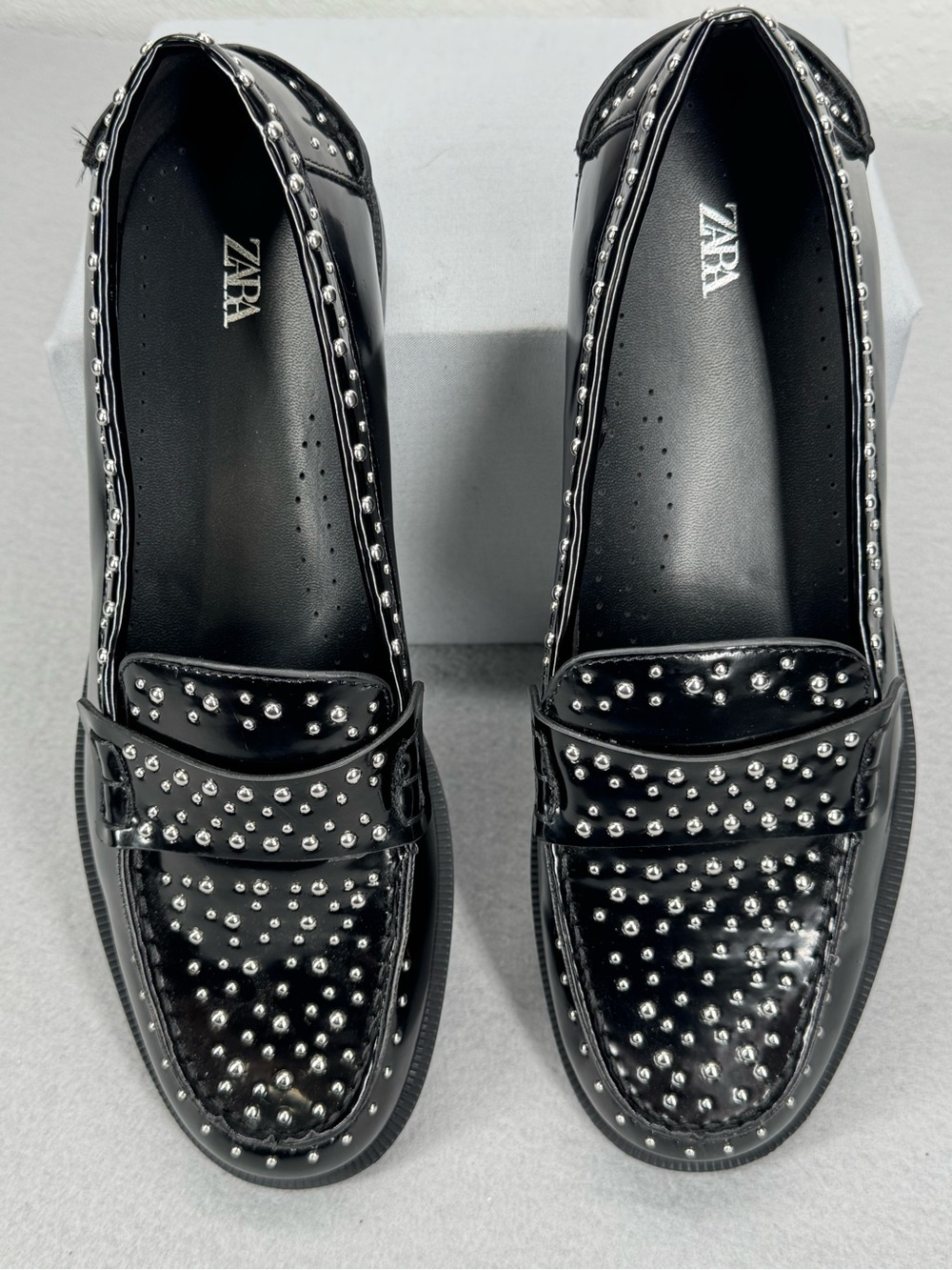 Zara Black Patent Studded Loafers Size 40 (US 9) Edgy Chic Shiny Punk Rock Flats